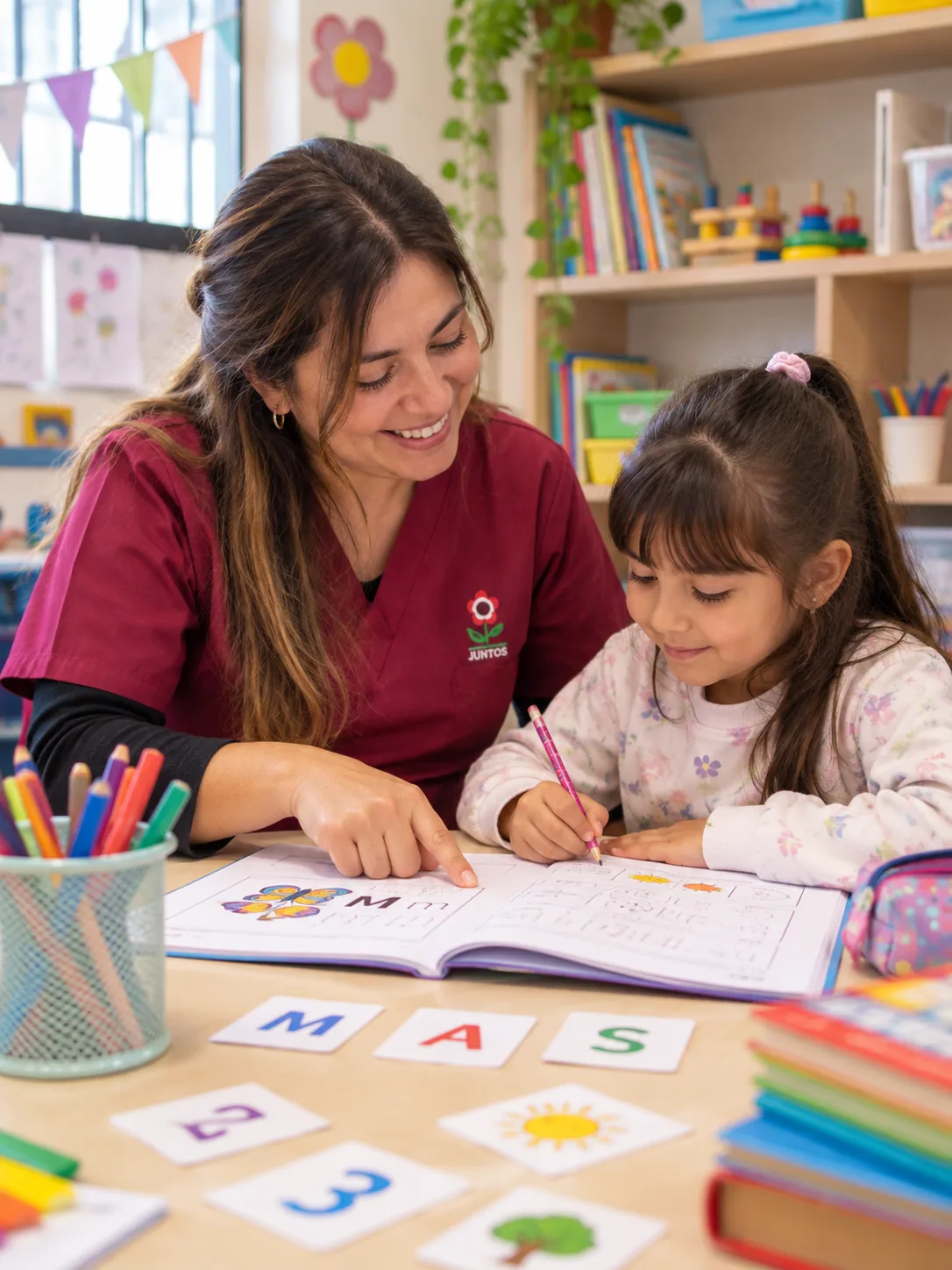 Profesional acompañando de forma individual a una niña en una actividad de lectoescritura
